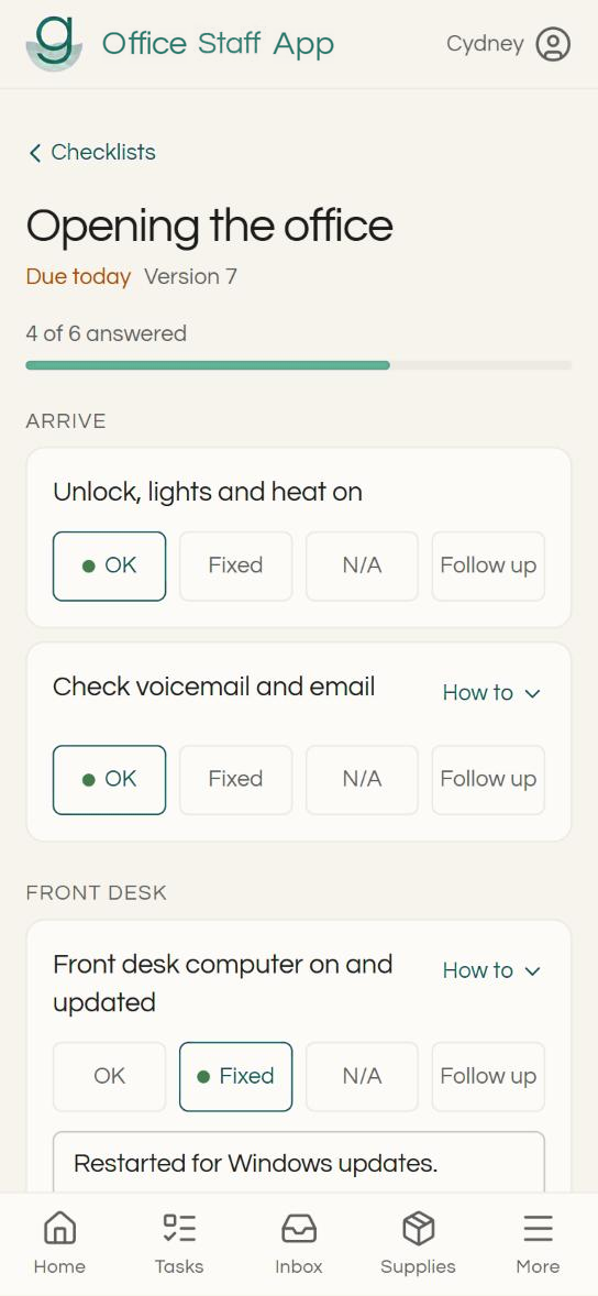 An opening-the-office checklist on a phone, four of six steps done, one marked fixed with a note