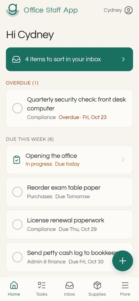 Home screen with an inbox banner, one overdue task and this week's tasks