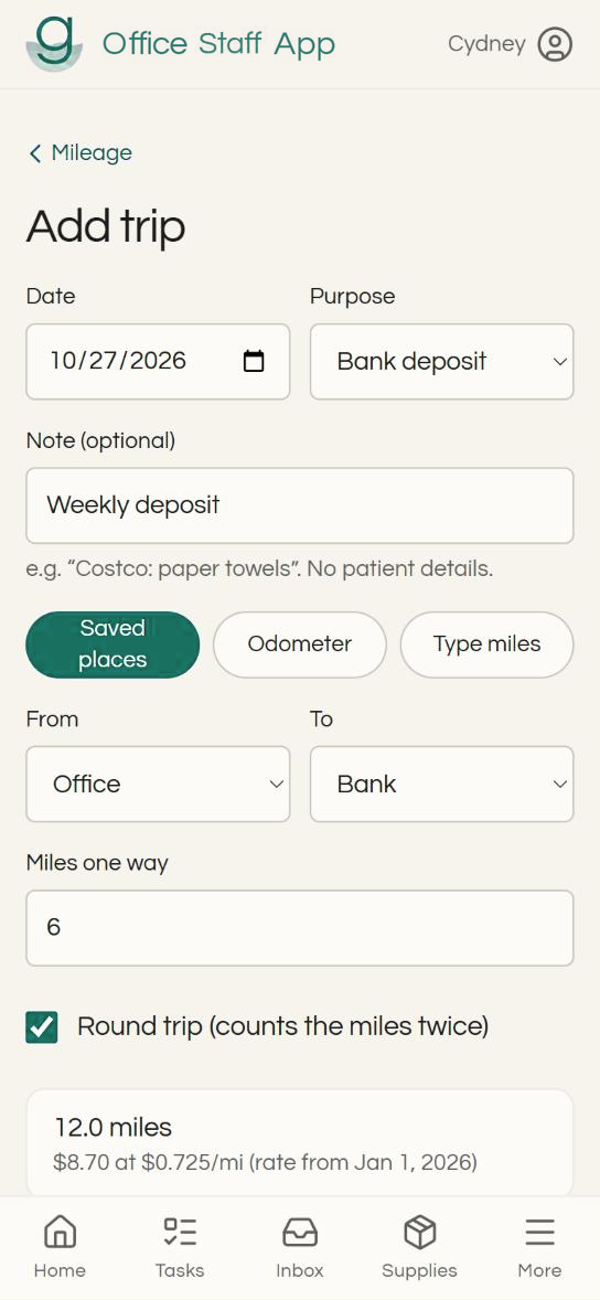 Logging a round trip from the office to the bank: 12 miles, $8.70 at the 2026 IRS rate