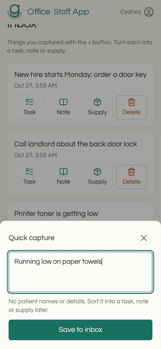 Quick capture: typing a note about running low on paper towels