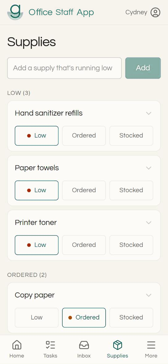 Supplies list grouped into low and ordered
